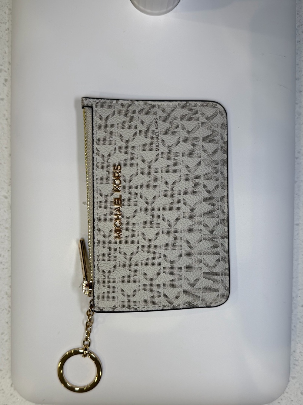 Michael Kors Neutral Monogram Card Holder with Gold Keyring